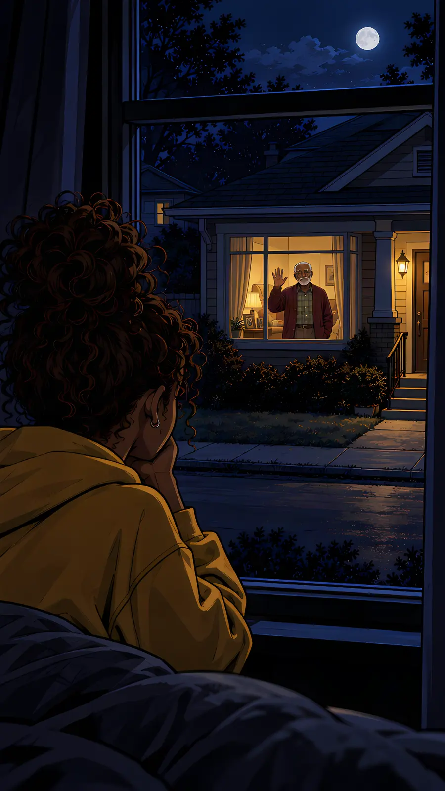 Illustration: an old man in a lit doorway across a dark street, raising his hand to wave.