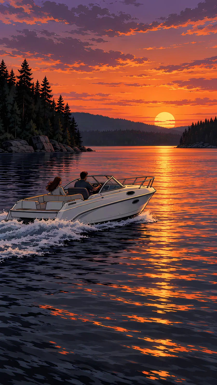 Illustration: a white motorboat crossing a lake at sunset.