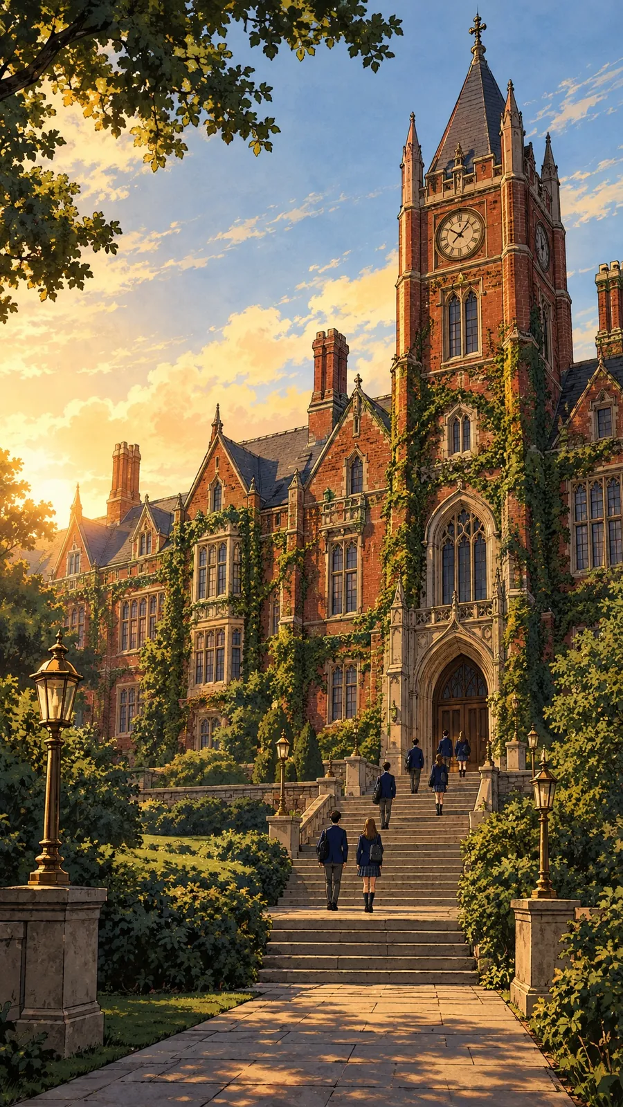 Illustration: a red-brick private school with a clock tower at golden hour.