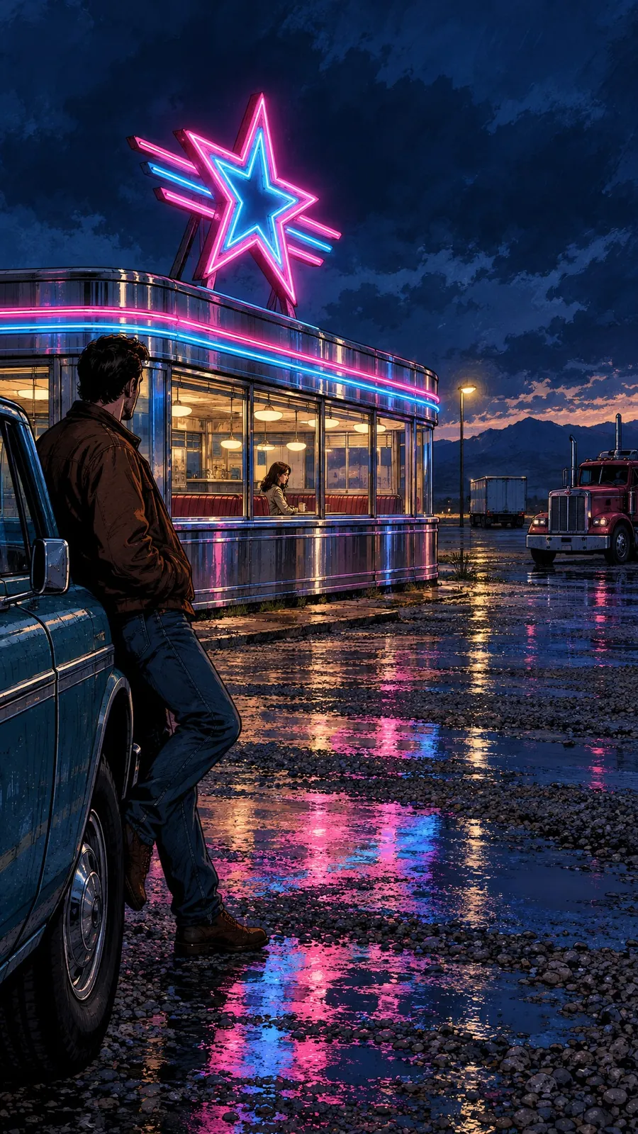 Illustration: a chrome roadside diner with a glowing pink-and-blue neon star sign on a rainy night.