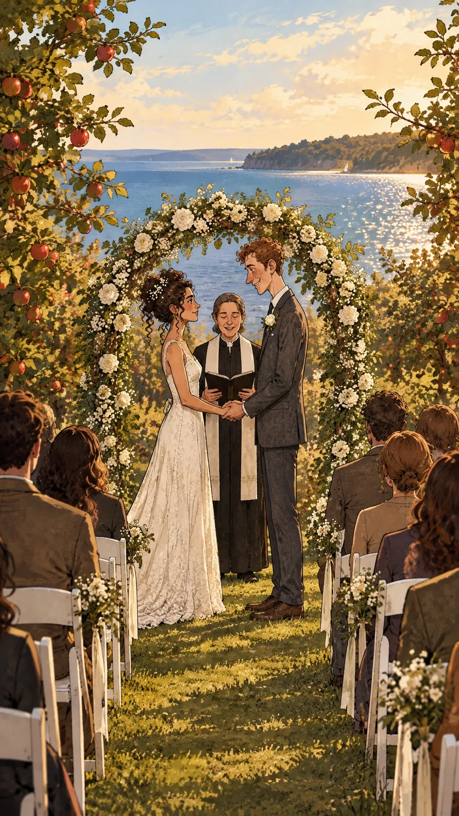 Illustration: an outdoor wedding under a white flower arch in an apple orchard beside a lake.